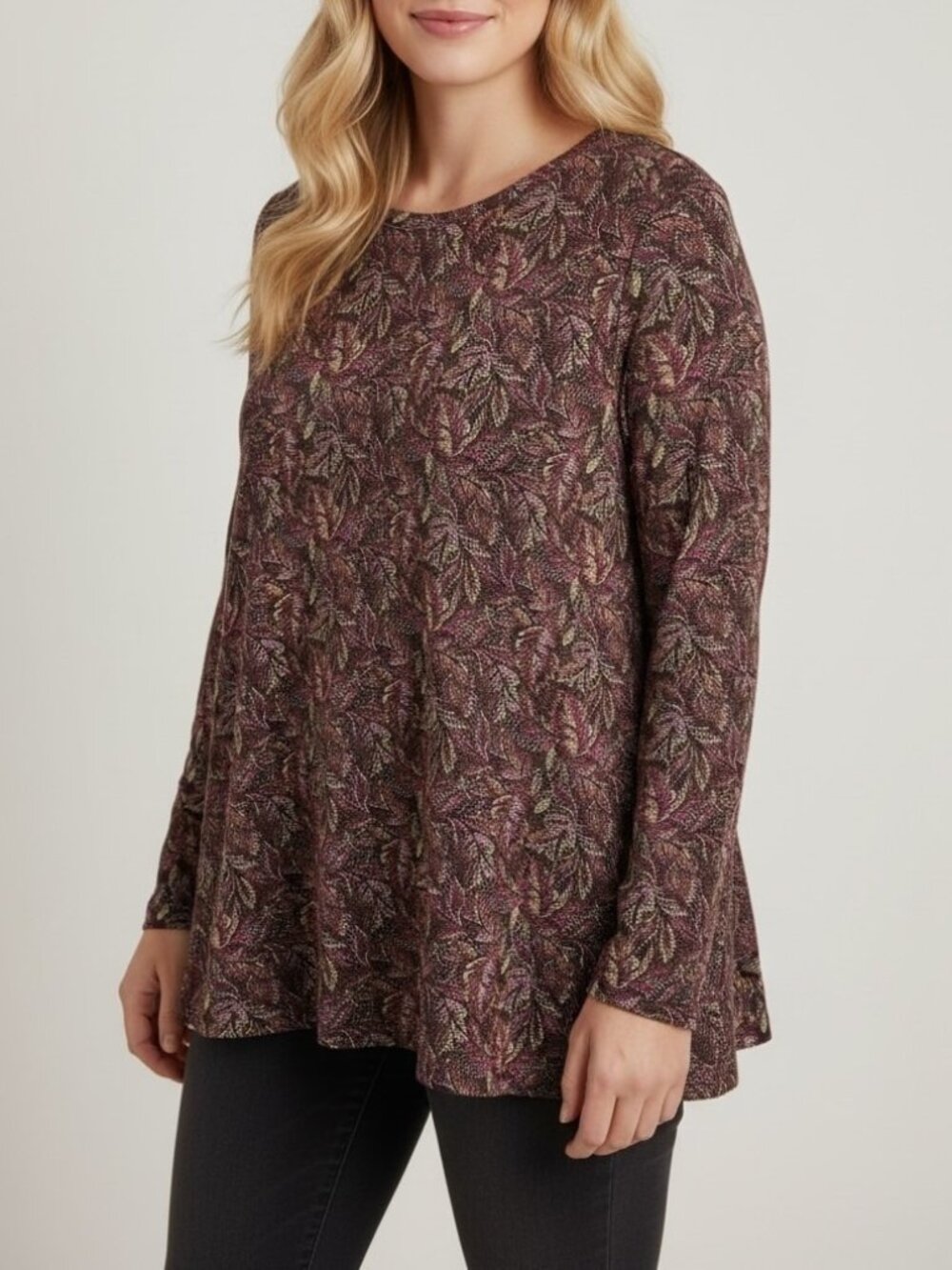J.Jill Pima Cotton Jersey Long Sleeve Swing Top 2X Leaf Print Tunic Plus Size